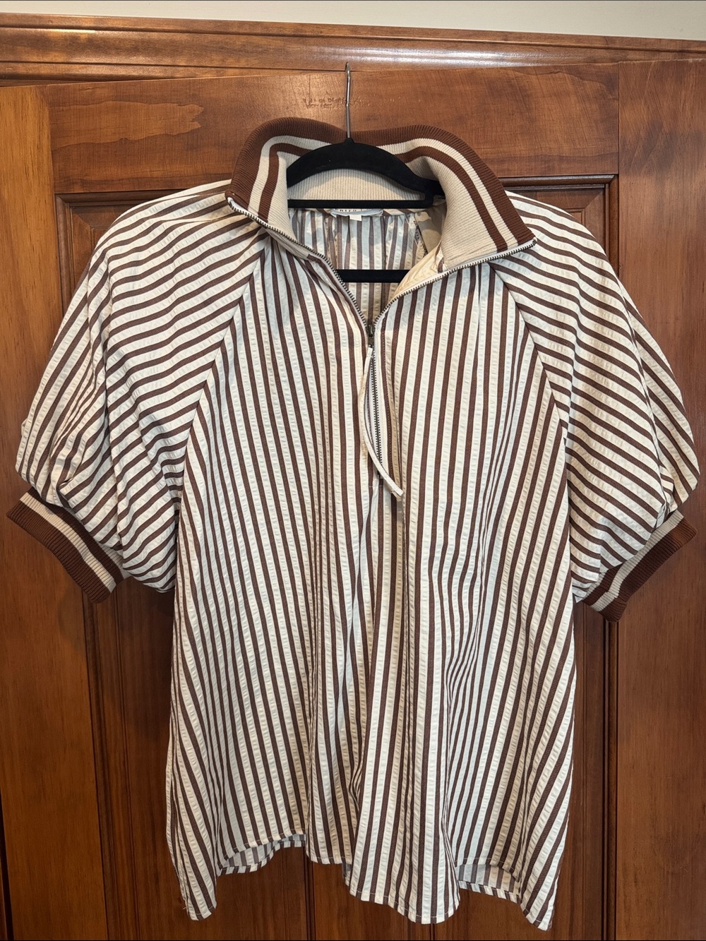 Ladies Brown and Cream Striped Zip-front Shirt with oversized puff sleeves